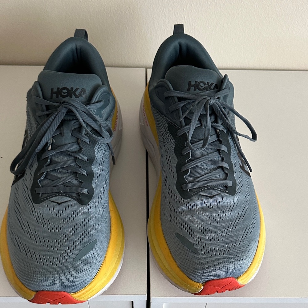Hoka Blue Gray & Yellow Running Sneakers with Red Toe Accents
